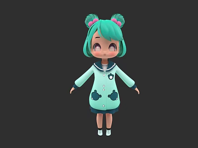 Cartoon Woman With Green Hair Pink Accessories Light Blue Coat Black Patterns White Shoes 3d model