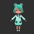 Cartoon Woman With Green Hair Pink Accessories Light Blue Coat Black Patterns White Shoes