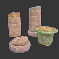 Ancient Stone Artifacts With Cylindrical Pillars Round Bases And Decorated Containers