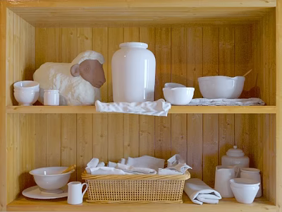 White Ceramic Kitchenware on Wooden Shelf with Sheep Decoration Wicker Basket and Towels 3d model