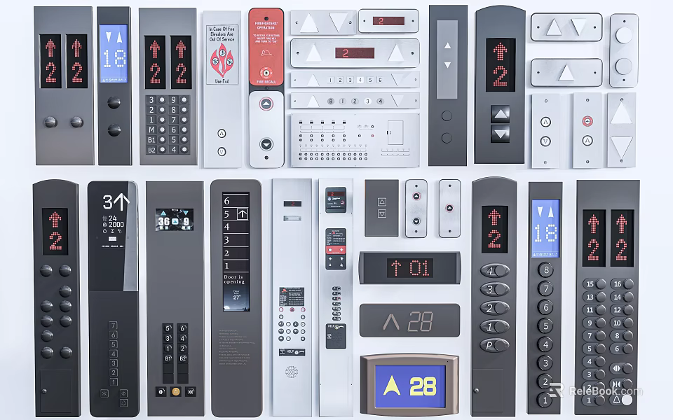 Elevator Control Panels with Buttons Digital Displays and Arrow Indicators in Various Designs 3d model