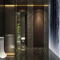 Hotel Bathroom Interior With Waterfall Backdrop Stone Landscape Dark Wooden Doors And Marble Flooring