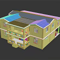 Cartoon Style Two Story House With Yellow Exterior Blue Roof Balcony And White Windows