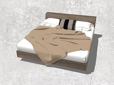 Double Bed with Wooden Headboard White Mattress Brown Blanket and Striped Pillow 3d model