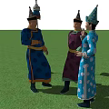 Three People in Traditional Attire Standing on Green Grass with Decorative Lantern Poles