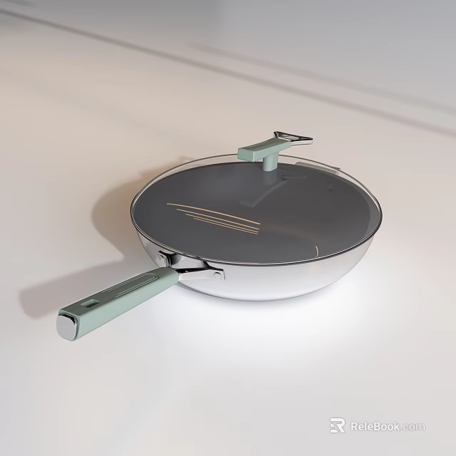 Modern Non Stick Frying Pan With Transparent Lid Green Handle And Silver Body 3d model 
