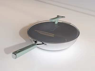 Modern Non Stick Frying Pan With Transparent Lid Green Handle And Silver Body 3d model