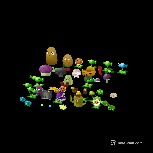 Colorful Cartoon Scene With Various Plants Zombies And Green Leaves Elements 3d model 
