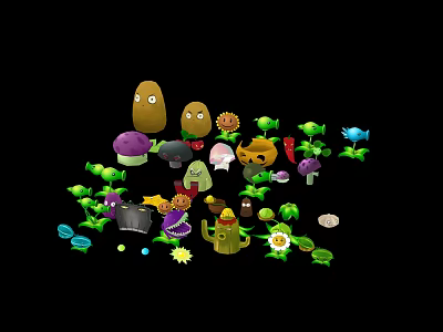 Colorful Cartoon Scene With Various Plants Zombies And Green Leaves Elements 3d model