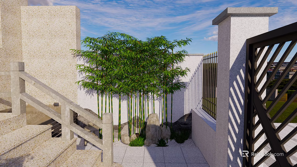 Tranquil Garden Landscape Featuring Bamboo Trees Stone Accents Paved Walkway And White Walls 3d model 