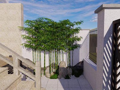 Tranquil Garden Landscape Featuring Bamboo Trees Stone Accents Paved Walkway And White Walls 3d model