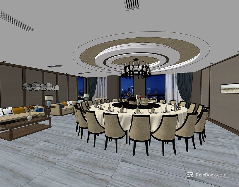 Luxurious Private Dining Room With Round Table Chandelier Sofa And Comfortable Chairs 3d model