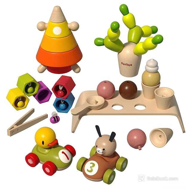 Colorful Wooden Building Blocks With Various Shapes Animal Figures And Tray For Kids Play 3d model 