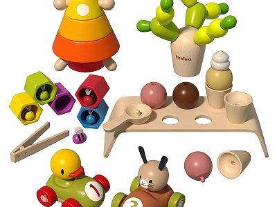 Colorful Wooden Building Blocks With Various Shapes Animal Figures And Tray For Kids Play 3d model