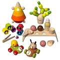 Colorful Wooden Building Blocks With Various Shapes Animal Figures And Tray For Kids Play