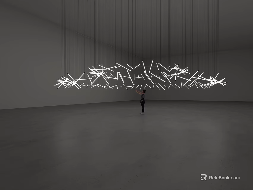 Large Hanging Art Installation with White Geometric Shapes Suspended by Thin Wires in Spacious Gallery 3d model 