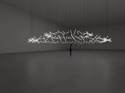 Large Hanging Art Installation with White Geometric Shapes Suspended by Thin Wires in Spacious Gallery 3d model