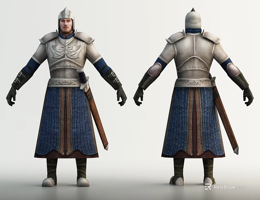 Game and Movie Character in Silver Armor with Blue Robe Front and Back View 3d model 
