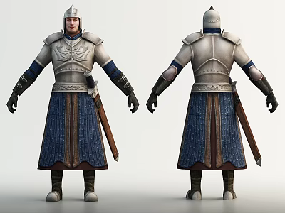 Game and Movie Character in Silver Armor with Blue Robe Front and Back View 3d model