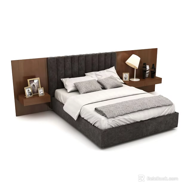 Modern Double Bed With Upholstered Headboard Wooden Nightstands Table Lamp And Bedding 3d model 