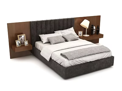 Modern Double Bed With Upholstered Headboard Wooden Nightstands Table Lamp And Bedding 3d model