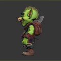 Green Goblin Character With Mohawk Hairstyle Pointed Ears Brown Scarf Belt Blue Shorts And Hammer