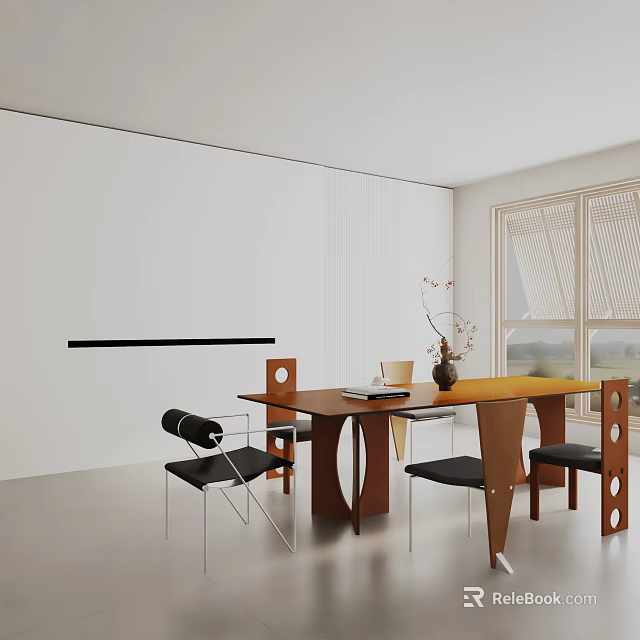 Modern Rectangular Wooden Dining Table Set with Black Chairs and Vase in Bright Room 3d model