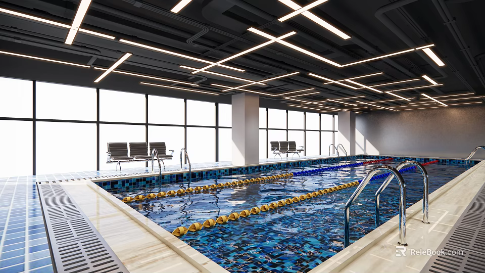 Indoor Swimming Pool Interior With Lane Lines Seats And Large Windows Lighting Design 3d model 