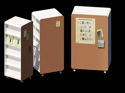 Modern Decorative Cabinets with Wheels Shelves and Corkboard for Home Storage 3d model