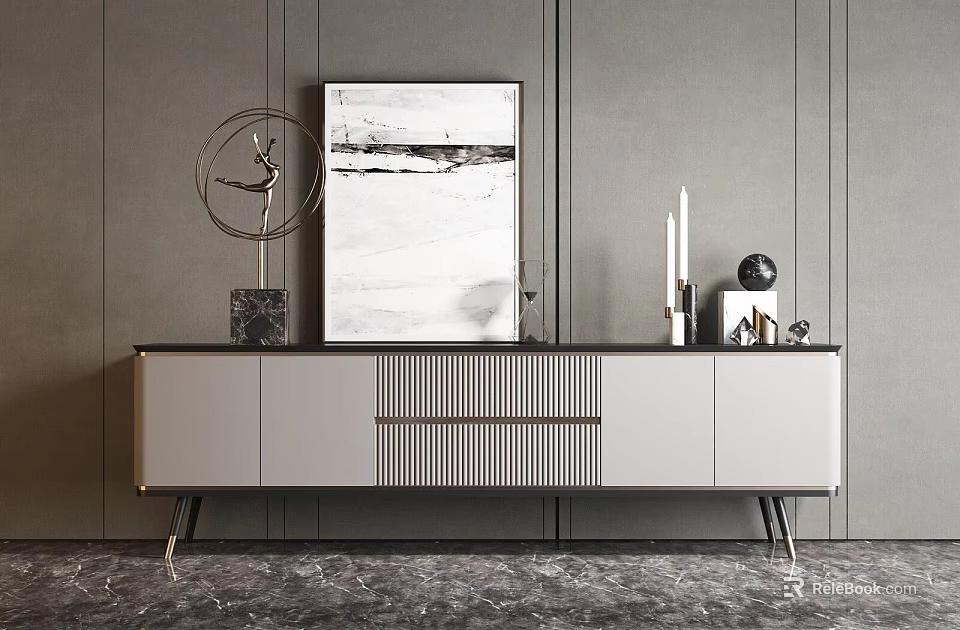 Modern Gray And Black TV Stand With Artwork Sculpture And Decorative Items 3d model 