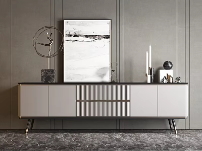 Modern Gray And Black TV Stand With Artwork Sculpture And Decorative Items 3d model