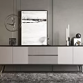 Modern Gray And Black TV Stand With Artwork Sculpture And Decorative Items
