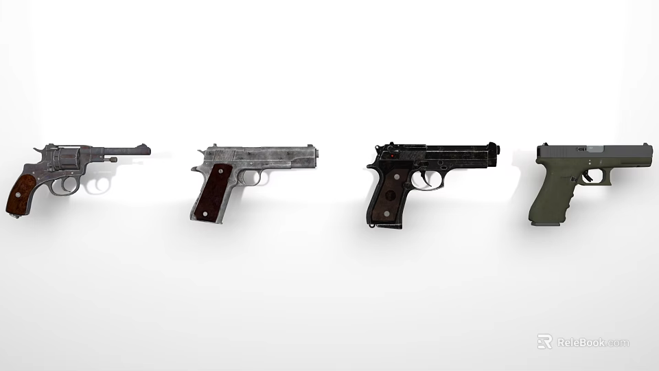 Collection of Four Classic and Modern Pistols with Wooden Grips and Metal Frames 3d model 