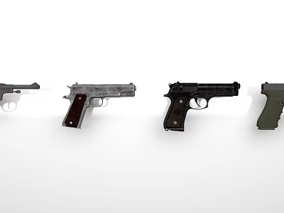 Collection of Four Classic and Modern Pistols with Wooden Grips and Metal Frames 3d model