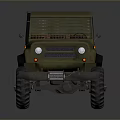 Military Green Off Road Pickup Truck With Large Tires Open Cargo Bed And Wooden Seats