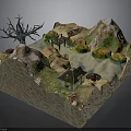 Scenic Miniature Model With Mountain River Bridge House Dead Tree And Grass