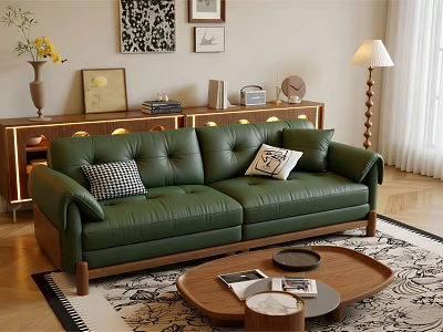 Green Leather Multi Seater Sofa With Checked LOVE Pillows Wooden Coffee Table In Living Room 3d model