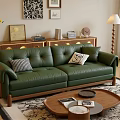 Green Leather Multi Seater Sofa With Checked LOVE Pillows Wooden Coffee Table In Living Room
