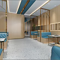 Modern Elegant Restaurant Interior With Blue Booths Gold Accents Large Windows City Views Terrazzo Flooring