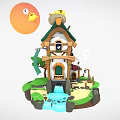 Cartoon Scene With Small Wooden House Chickens On Roof Sun Waterfall Green Grass And Stones