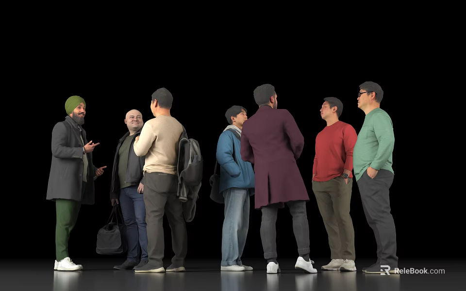 Diverse Group of Men Standing Together Conversing on Black Background 3d model 