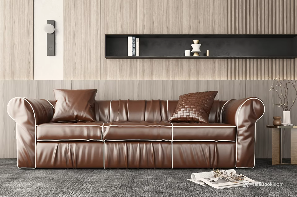 Brown Leather Multi-person Sofa With Decorative Pillows And Wooden Wall Setting 3d model 