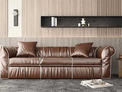 Brown Leather Multi-person Sofa With Decorative Pillows And Wooden Wall Setting 3d model