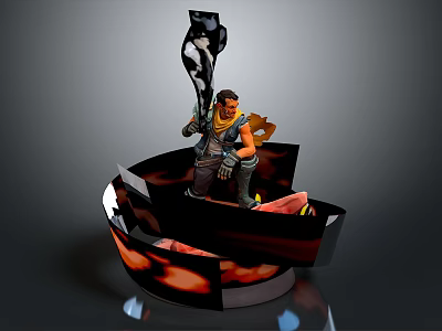 Game Movie Character Male Warrior Holding Flag On Dynamic Fiery Circular Base Design 3d model