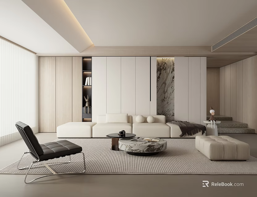 Modern Living Room Interior With White Sofa Round Rug And Black Accent Chair 3d model 