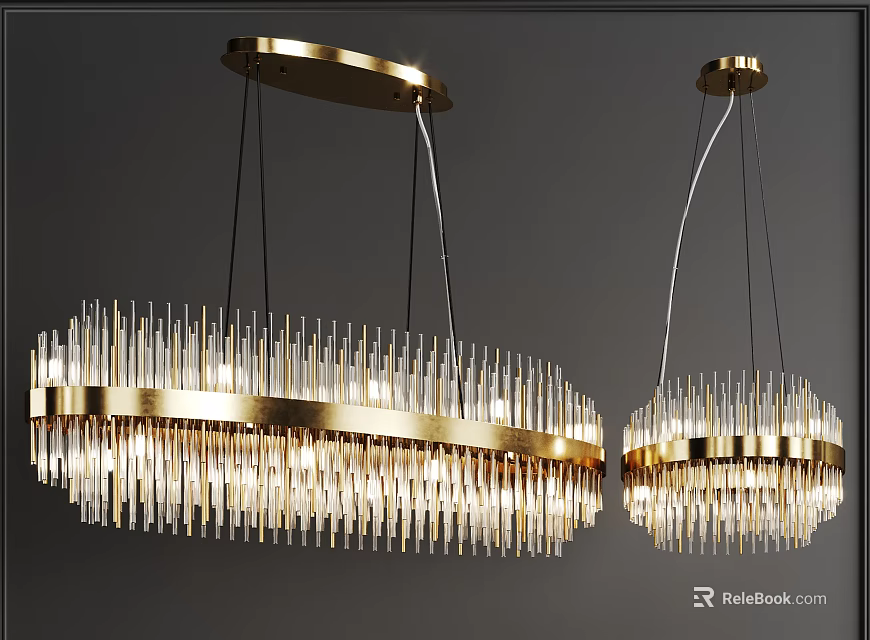Modern Gold Frame Chandeliers With Slender Transparent Elements And Illuminated Design 3d model