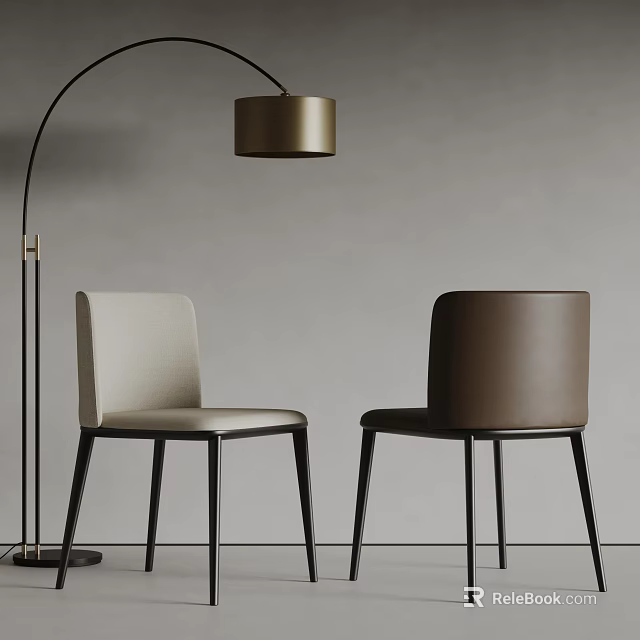 Light And Dark Leather Dining Chairs With Black Legs Golden Floor Lamp Against Gray Wall 3d model 