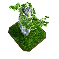 Garden Ornament Potted Plant Featuring Textured Tree Trunk Green Foliage and Grass