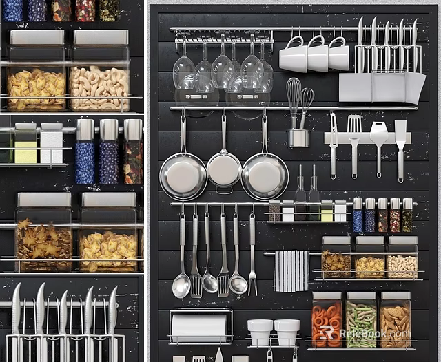 Modern Kitchen Display Shelf With Storage Jars Pans Utensils And Spice Bottles 3d model 
