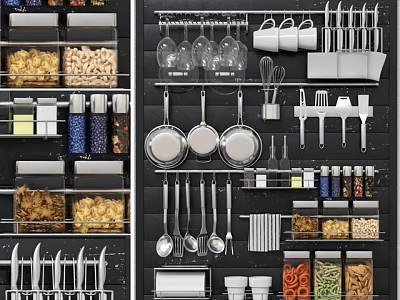 Modern Kitchen Display Shelf With Storage Jars Pans Utensils And Spice Bottles 3d model